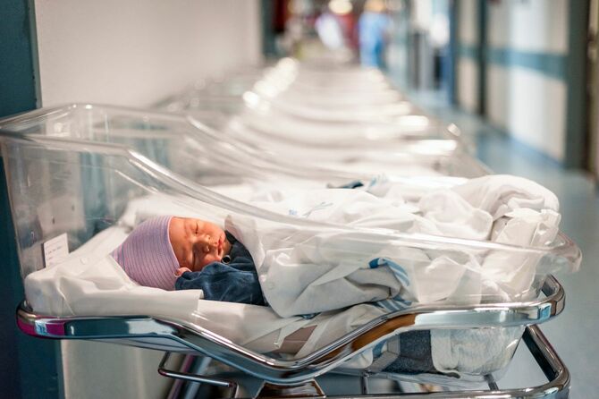 病院の廊下に並ぶポータブルベッドに入った新生児たち