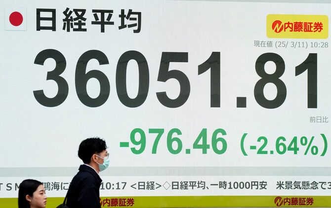 東京証券取引所の日経平均株価を表示する電光掲示板（2025年3月11日、東京都心）。 