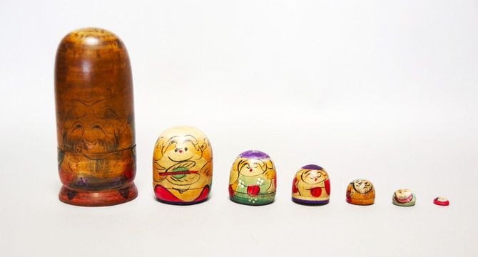 七福神の入れ子人形。道上コレクションより，七福神No.230（道上克氏蔵）