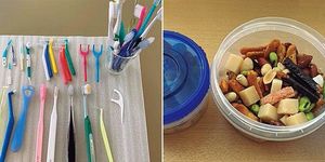 （写真左）自慢の歯ブラシコレクション。今日はこれで磨こう、歯間もきれいにしようと、楽しみながら歯を磨く。（右）いろいろな豆やおかきをミックスして専用容器に。机の脇に置いて、いつもポリポリ食べている。