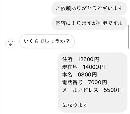 「特定屋」と依頼者のやりとりの一部。現在地は1万4000円で特定するという