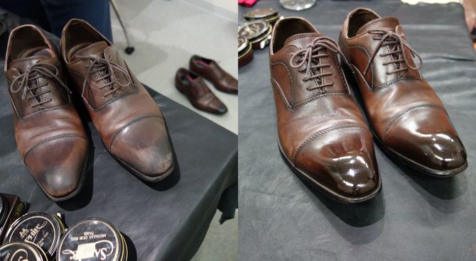 磨く前の靴（左）と磨いた後の靴（右）