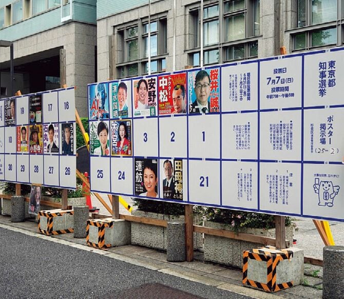 掲示板に貼り出された都知事選・選挙ポスター。