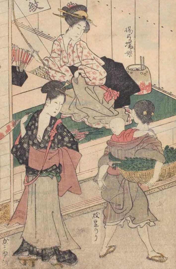 赤ちゃんを背負い、枝ごとゆで上げた枝豆を傍らに抱えて長屋の前を売り歩く「枝豆」売り。『絵本時世粧』歌川豊国　享和2（1802）年。［出所＝『<a href="https://www.amazon.co.jp/exec/obidos/ASIN/483344075X/presidentjp-22" target="_blank">江戸呑み　江戸の“つまみ”と晩酌のお楽しみ</a>』（プレジデント社）］