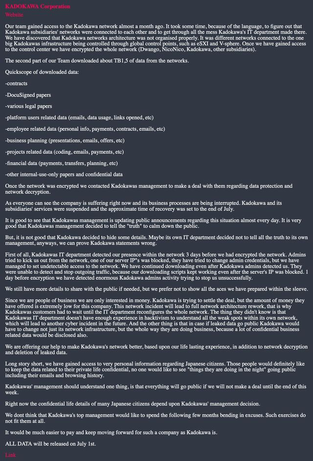 ハッカー集団「Black Suit」による犯行声明文