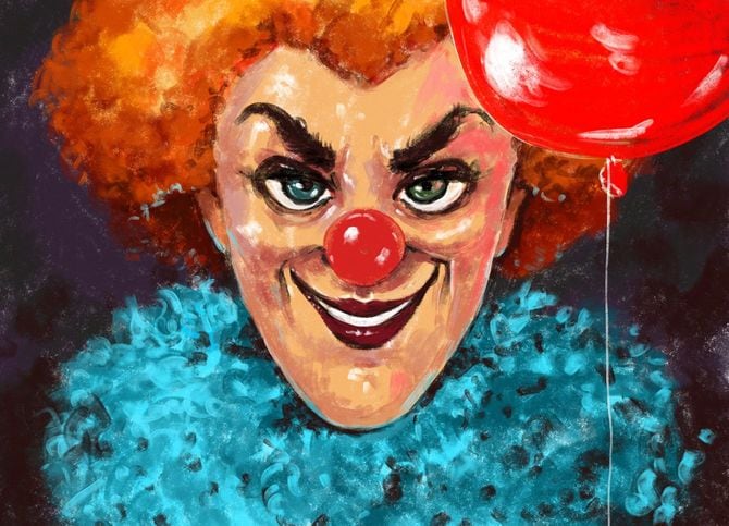 真っ赤な風船を持って笑みを浮かべるピエロの絵