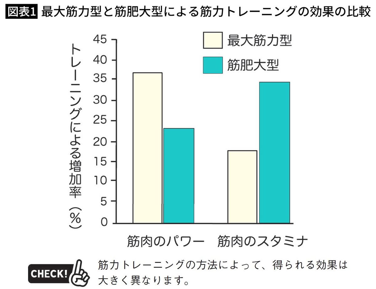 【図表1】最大筋力型と筋肥大型による筋力トレーニングの効果の比較