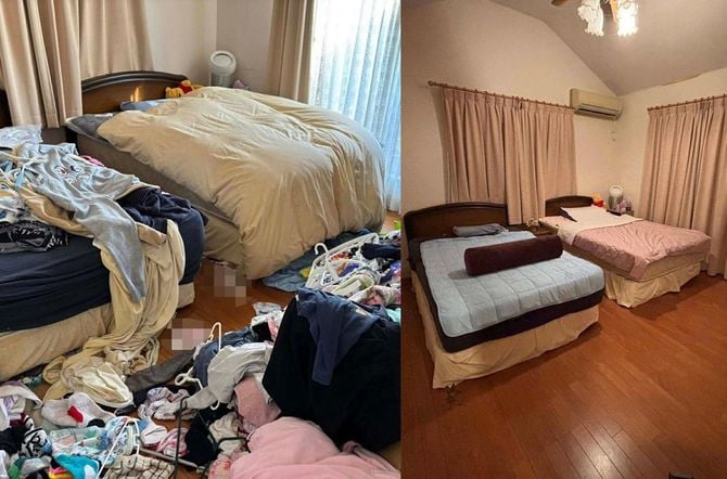 あるお家の寝室。左が片づける前で右が片づけた後。