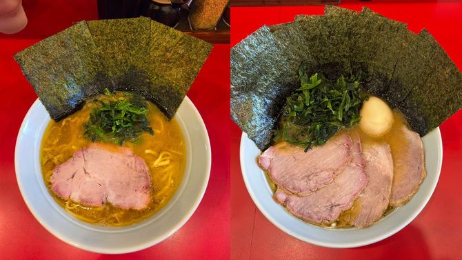 写真左＝らーめん（並）（950円）、写真右＝たま家スペシャル（1600円）
