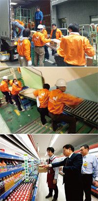 （上）緊急手配したトラックにはリフトがないためローラーで運び出す。（中）荷運びのため階段にローラーを敷設。震災直後は「バケツリレー」だった。応援チームは2泊3日で店内に泊まった。（下）6月2日。店内を視察する桑原道夫社長と芝村浩三店長。桑原社長は1カ月半ぶりの来店だった。