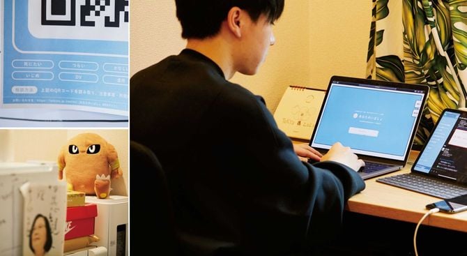 （右）iPadで相談依頼の画面を開きながら、パソコンで作業。緊急対応が必要な相談にはすぐに手を打つため。（左上）「あなたのいばしょ」宣伝用ポスターの一部分。（左下）将来の夢は幼児教育を受けられる保育園を開くこと。夢に向けて、今からぬいぐるみを集めている。