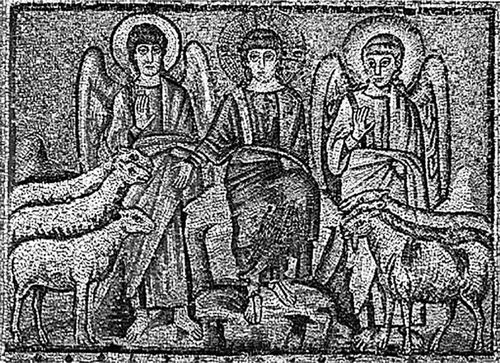〈最後の審判（羊と山羊を分かつキリスト）〉6世紀初頭／サンタポリナーレ・ヌオーヴォ聖堂　ラヴェンナ／左の羊は善人のたとえ、中央がイエス、左の山羊は悪人のたとえ