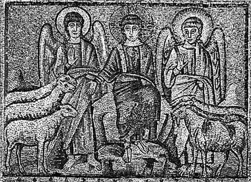 〈最後の審判（羊と山羊を分かつキリスト）〉6世紀初頭／サンタポリナーレ・ヌオーヴォ聖堂　ラヴェンナ／左の羊は善人のたとえ、中央がイエス、左の山羊は悪人のたとえ