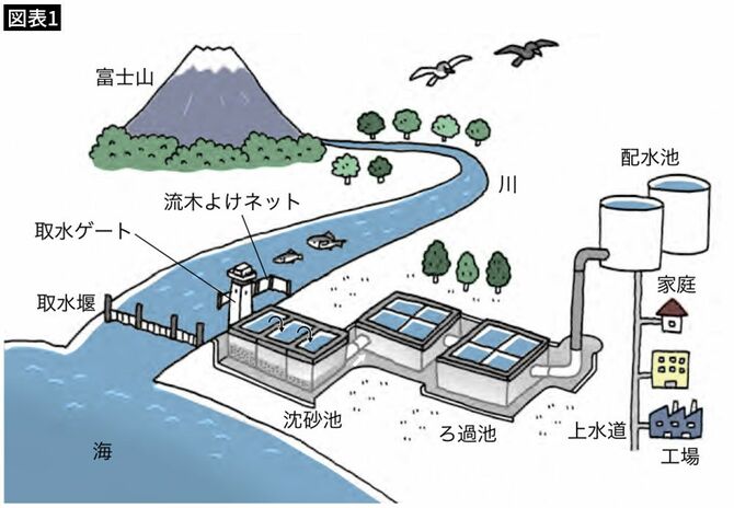 【図表1】大都市の水源から水道まで。川を流れる火山灰や浄水場の池に落ちる火山灰の影響が懸念される。