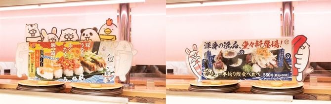 店舗オリジナルのレーンポップがレーンに流れる（スシロー江坂店で撮影）。
