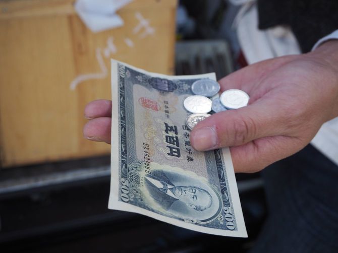 手のなかにある硬貨と500円札