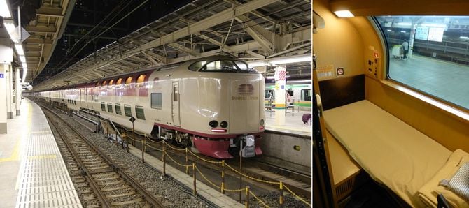 （写真左）寝台特急サンライズ瀬戸・出雲。寝台列車は乗り換え検索で候補になりにくい／（写真右）個室寝台でくつろぐ旅は楽しい（2013年撮影）