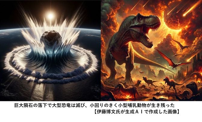 巨大隕石の落下で大型恐竜は滅び、小回りのきく小型哺乳動物が生き残った【伊藤博文氏が生成AIで作成した画像】