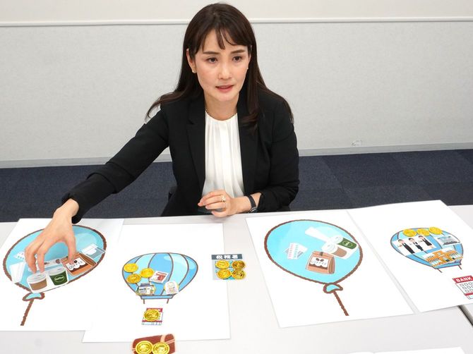 手作りのコインや風船などのイラストを使って「風船会計」を説明する松本めぐみさん