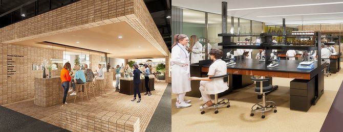 「東京大学 GATEWAY Campus」の「コラボレーションエリア」（左）と「ラボエリア」（右）のイメージ図。キャンパス内にラウンジを設けるなど、多様な研究者、企業人が気軽に集える場を目指している。