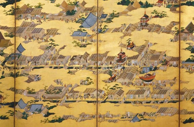 洛中洛外図上杉本（1565年、狩野永徳作、国宝）の右隻（部分）