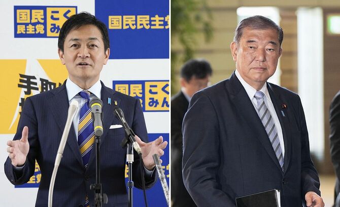 自民党総裁の石破首相(右)と国民民主党の玉木代表=2024年10月31日