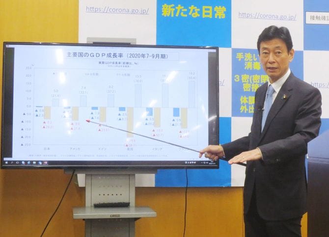 国内総生産（GDP）統計の発表を受けて記者会見する西村康稔経済財政担当相＝2020年11月16日、東京都千代田区