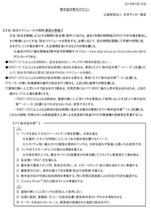 日本サッカー協会が作成した熱中症ガイドライン（日本サッカー協会の公式サイトより）