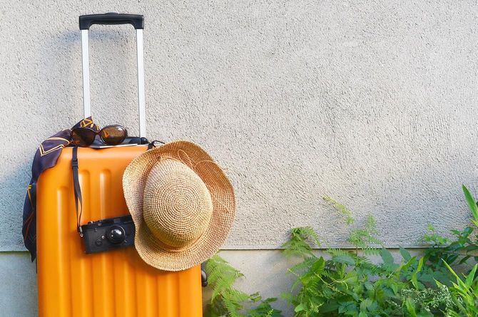 スーツケース、麦わら帽子、カメラ