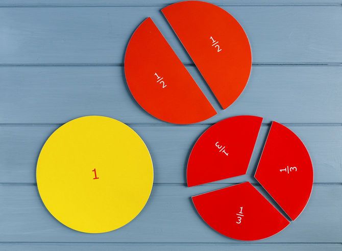 分数と数字が書かれている円グラフのような形のオブジェ