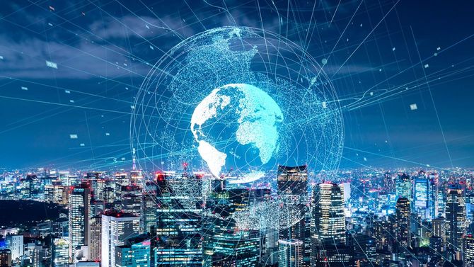 グローバルコミュニケーションネットワークの概念。スマートシティ。