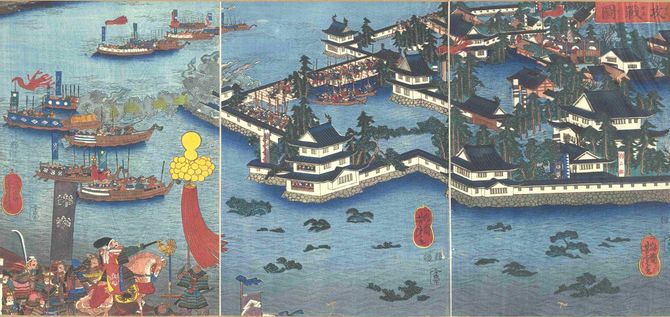 秀吉が水攻めを行なっている場面を描いた『高松城攻戦図』。秀吉はここから大返しを敢行する。東京都立中央図書館特別文庫室所蔵