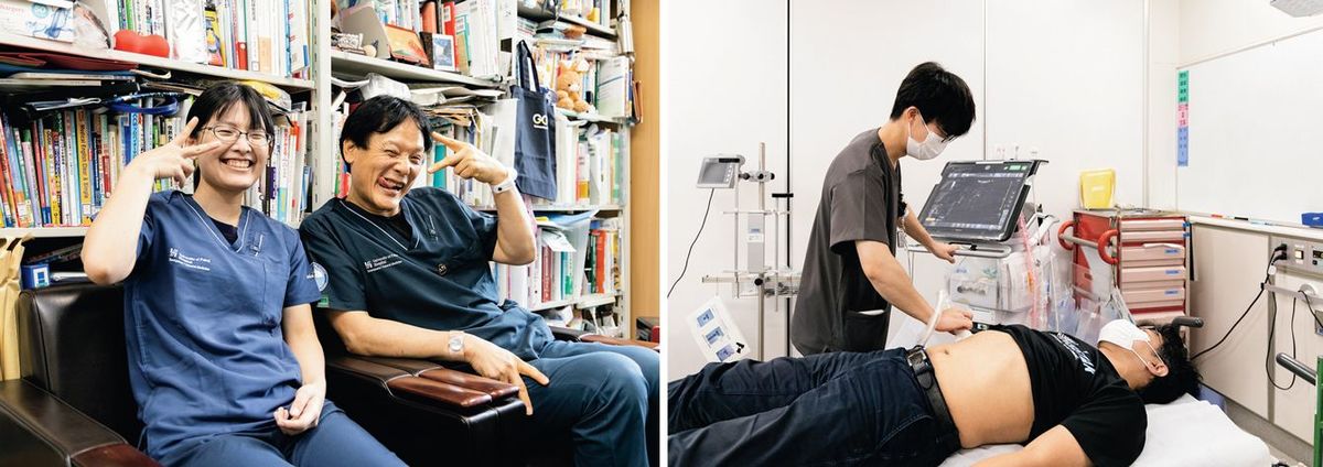 （写真左）総合診療・総合内科センター（GGG）の運営を担当している救急部の石本貴美さんと。／（写真右）救急科の診察室。初期診療に使うエコー、CT室、グラム染色室などの設備がそろっている。