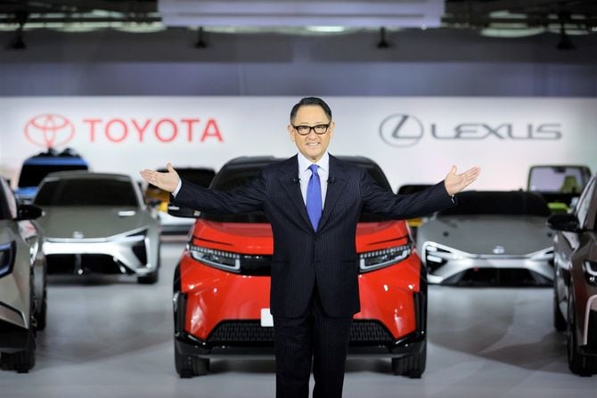 12月14日、東京都内の「MEGA WEB」で電気自動車（BEV）事業戦略について発表したトヨタ自動車の豊田章男社長
