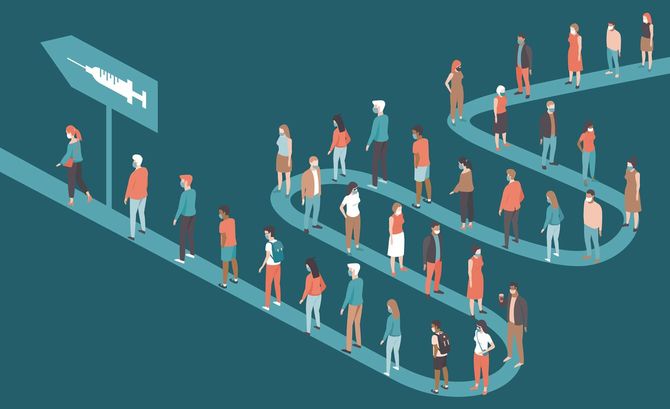 コロナワクチン接種のために長蛇の列をつくる人々のイラスト