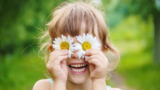 カモミールの花を目に当てて笑う少女
