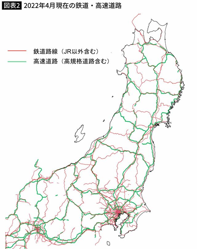 2022年4月現在の鉄道・高速道路 