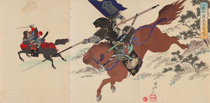 楊洲周延 作「小牧山ニ康政秀吉ヲ追フ」