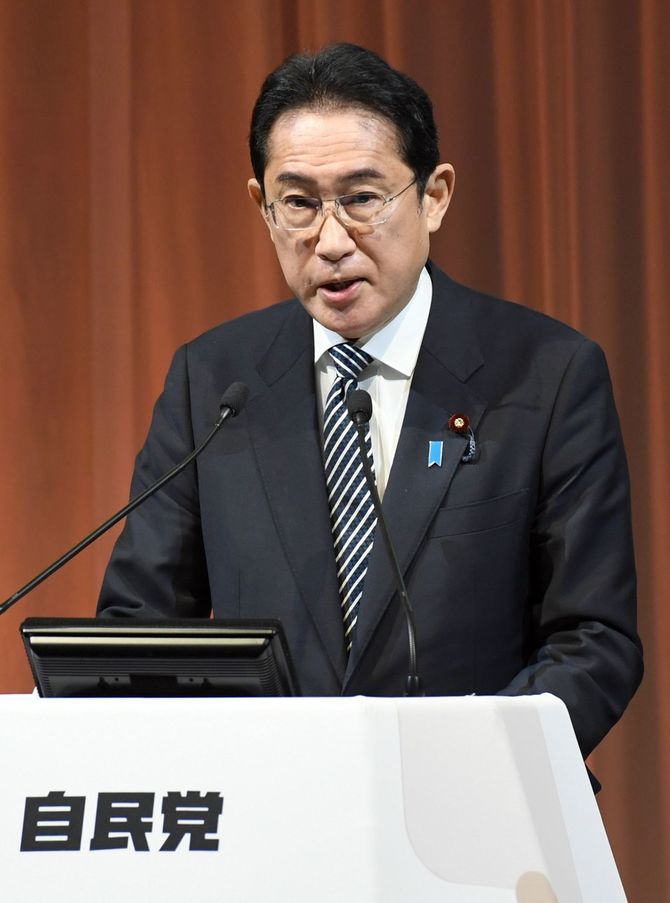 自民党大会であいさつする岸田文雄首相（党総裁）＝2023年2月26日、東京都港区［代表撮影］