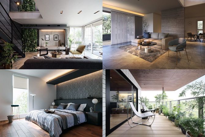 住性能、住空間、デザイン……、3つの進化により、自宅で過ごす時間をより豊かなものへと格上げするELVIA。きめ細かな工夫が、住宅の随所に見られる。【左上】新開発の空調システム「AirLax」により、心地よい空気環境を、さらに広々と楽しめる。【右上】「Neutral Luxe」をテーマとした4つのインテリアコンセプトのうちの1つ、「Grace」は静謐で気品ある空間を演出、ホテルライクな暮らしを実現する。【左下】「睡眠環境サポート」により、室温と照明の両面から自分にぴったりの寝室づくりが行える。【右下】深い軒は最大4.2m。テラスでどのような自分時間を過ごそうか、夢が広がる。