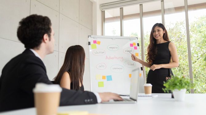 ホワイトボードを使ってアイデアを練るビジネスチーム