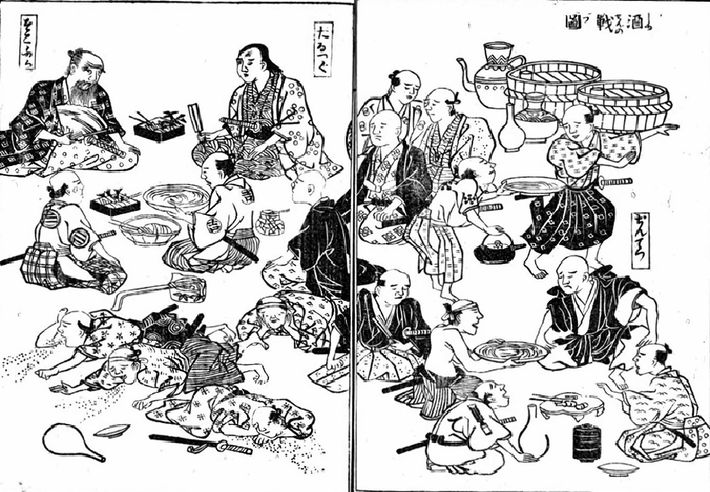 図③　二組に分かれて酒量を競う「酒合戦」『近世奇跡考』。文化1（1804）年。東京大学総合図書館所蔵。『<a href="https://www.amazon.co.jp/exec/obidos/ASIN/483344075X/presidentjp-22" target="_blank">江戸呑み</a>』より。