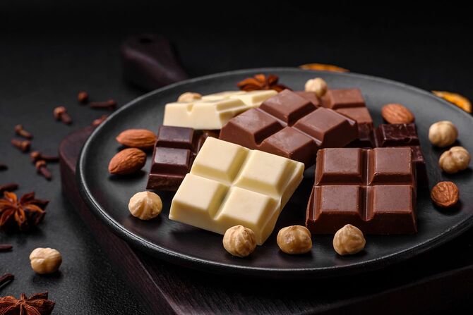 黒い皿の上で立方体に砕かれた数種類のおいしい甘いチョコレートのミックス