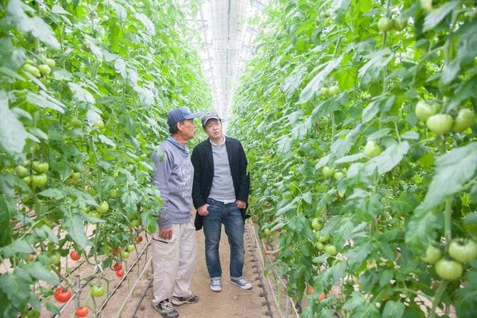 トマト農家と話し込む樫村シェフ。様々な生産者を訪ね、倉橋島の宝を探しました。
