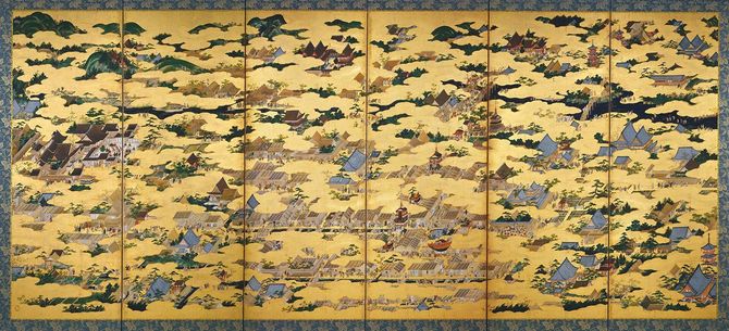 右隻第4扇の下部に本能寺が描かれている。『上杉本洛中洛外図屏風』狩野永徳・筆