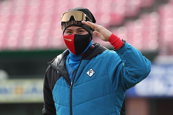 試合前の練習に臨む日本ハムの新庄剛志監督=2022年4月21日、楽天生命パーク宮城