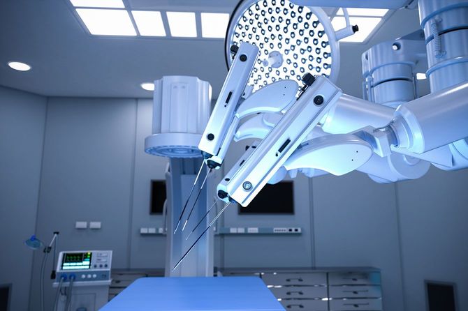 手術台の上に設置された、医療用手術ロボット