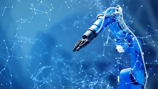 AIと産業用ロボットアームのイメージ