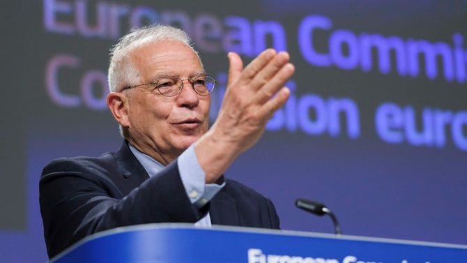 2020年5月26日、ベルギー・ブリュッセルで記者会見する欧州連合（EU）のボレル外交安全保障上級代表（外相）