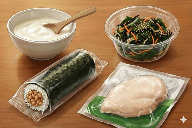 サラダチキン+海藻サラダ+納豆巻き+豆乳ヨーグルト